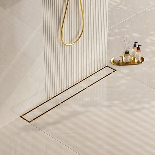 Neodrain 24-Inch Gold Linear Shower Drain, 2-in-1 Flat & Tile Insert Cover, Stainless Steel Linear Drain, Brushed Brass Rectangle Shower Floor Drain with Hair Strainer, Watermark&CUPC Certified