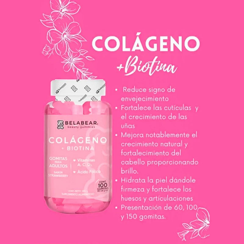 Gummisol Gomitas de Colágeno + Biotina Belabear 100 Gomitas Gomitas de Ácido Hialurónico Belabear 100 Gomitas Gomitas para Adultos Belabear Supelemento Alimenticio - 2 pack