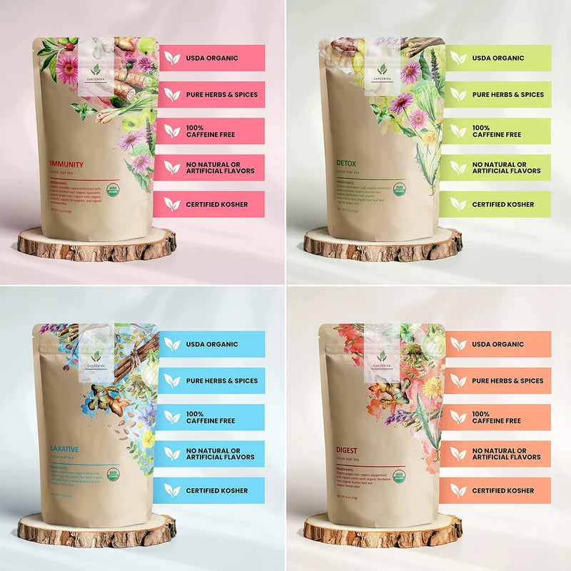 Gardenika Organic Loose Leaf Tea Sampler – 8 Pack, 1 LB – Herbal and Naturally Caffeine-Free Set - Ayurvedic Assortment Blend