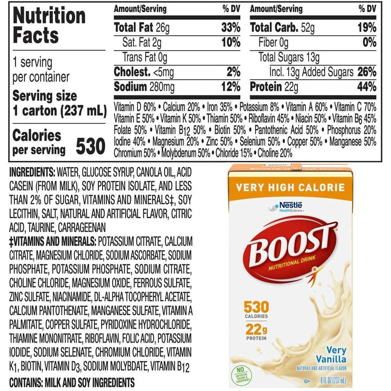 BOOST Very High Calorie Nutritional Drink Very Vanilla - 8 Oz – Pack of 6
