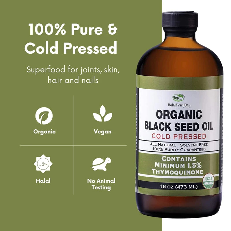 HalalEveryDay Organic Black Seed Oil - USDA Certified Cold Pressed Glass Bottle Over 1.5% Thymoquinone 3X strength Turkish Black Cumin Nigella Sativa non-GMO 100% Pure Blackseed Oil (8oz Glass Bottle)