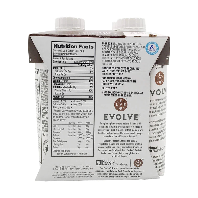 Evolve Plant Based Protein Shake, Double Chocolate, 20g Vegan Protein, Dairy Free, No Artificial Sweeteners, Non-GMO, 10g Fiber, 11oz, (4 Pack)