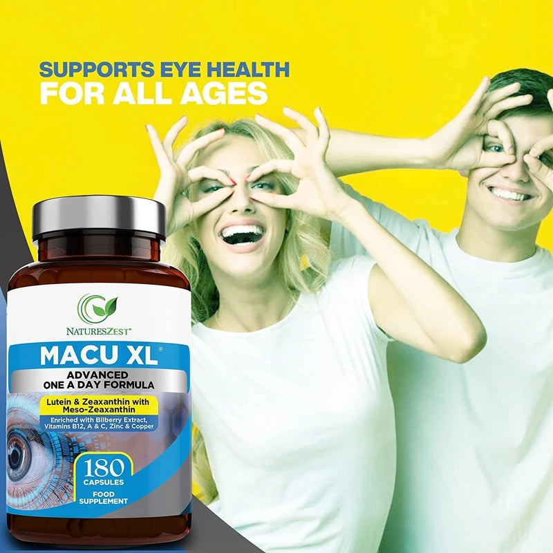 Macu XL - Lutein and Zeaxanthin Supplement - 6 Month Supply with Meso Zeaxanthin, Bilberry Extract, Vitamins A, B12 & Zinc, 180 Vegan Capsules - Eye Supplement for Vision Health – Packaging May Vary