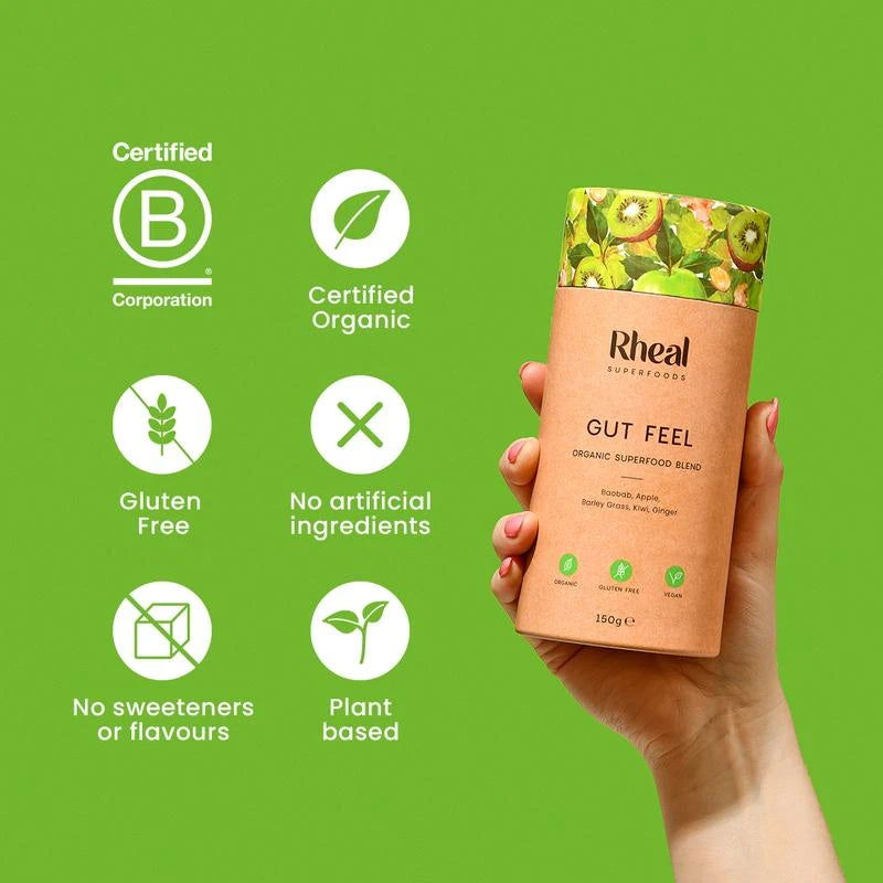 Rheal Gut Feel: Natural Prebiotic Digestion & Bloating - Daily Greens Organic Superfood Powder (30 Servings)