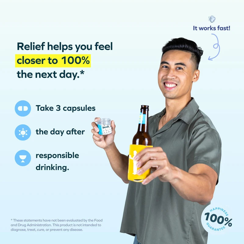 Cheers Relief | Next Morning Aid with Ginger + White Willow Bark | Feel Better After Drinking | 12 Doses | Ginger, White Willow Bark, L-Theanine, Caffeine