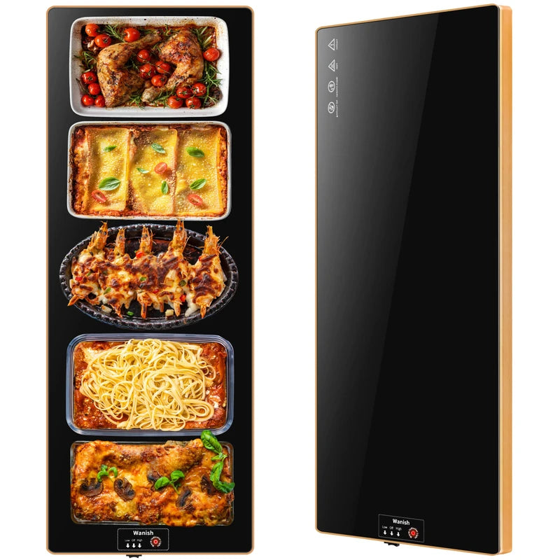 Electric Warming Tray（Extra Long 40”x12”），Food Warmer with Thermostat and Full Surface Heating，Food Warming Mat with 2 Temperature Modes for Parties Buffet，Gatherings，Gold Edge Warming Mat for Food