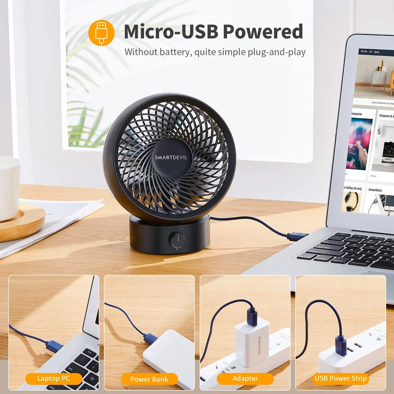 SmartDevil USB Fan, Mini Fan, Small Quiet Table Fan, Stepless Speed 20° Adjustment, USB Desk Fan, Low Noise, USB Fan Easy to Carry, for Office, Home (Black)