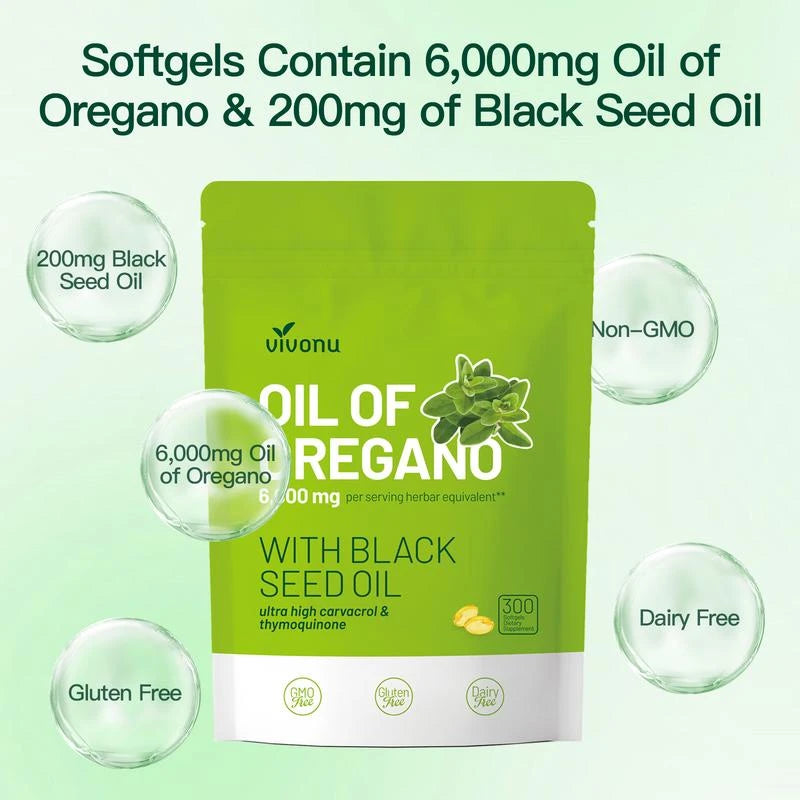 VivoNu Oil of Oregano with Black Seed Oil 300 Capsules | Natural Antioxidants | Nutritional Support | Highly Effective Botanicals Dietary Healthcare Supplement - Specification: Pack of 1