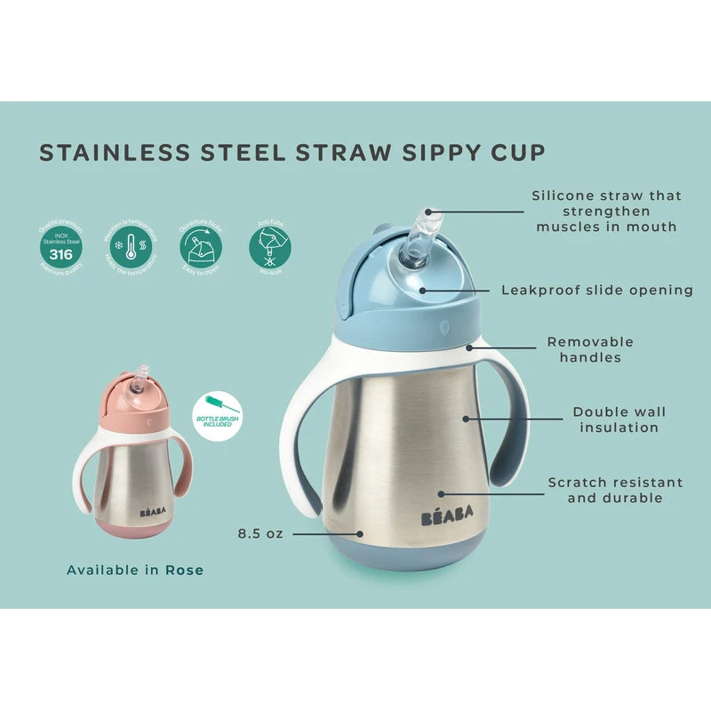 Beaba Stainless Steel Straw Sippy Cup, Insulated Toddler Cups Spill Proof with Removable Handles, Made with High Grade Stainless Steel, 8+ Months, 8.5 oz, (Rain)