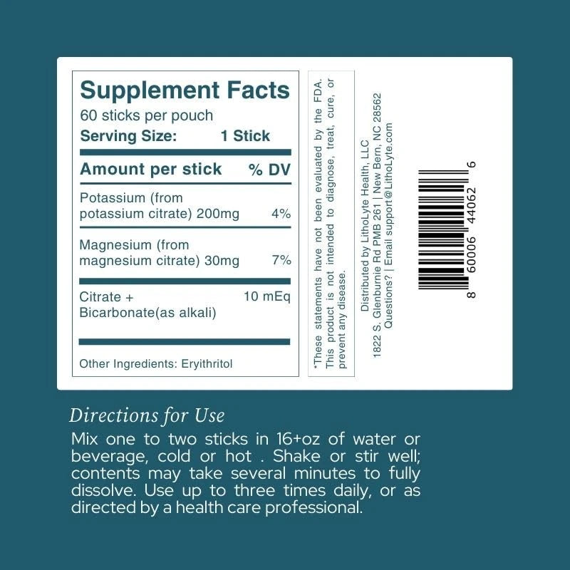 LithoLyte Kidney Health | Water & Beverage Enhancer 10 mEq, Developed by Urologists, 2 Pack (120 Sticks)