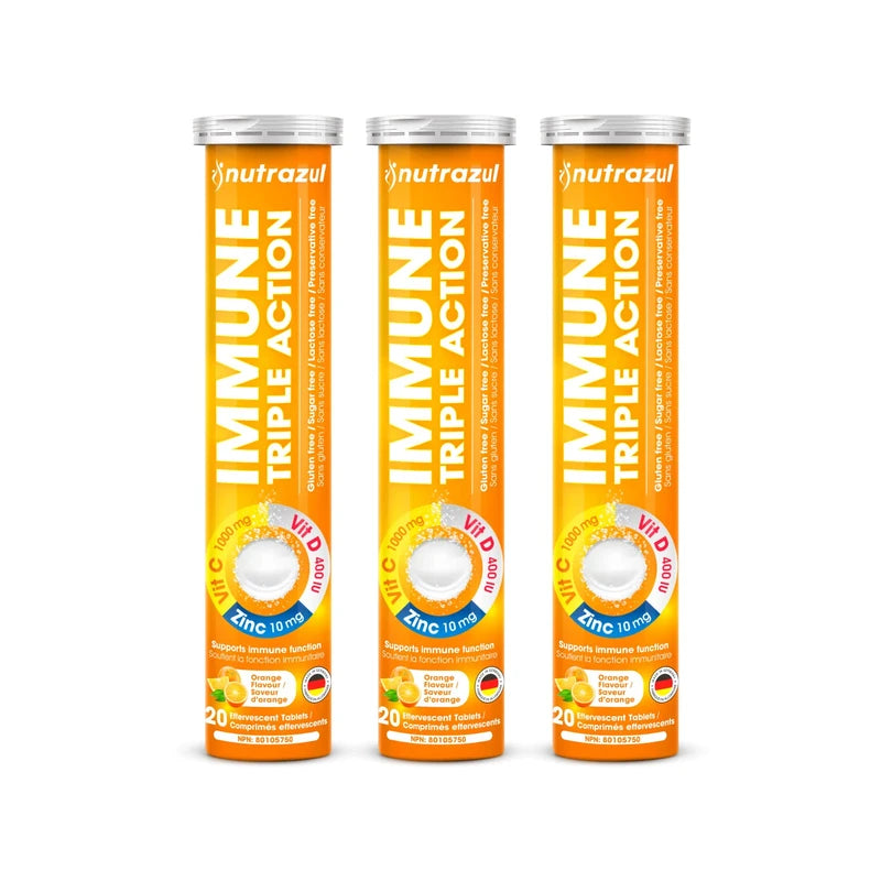 Nutrazul Immune Triple Action Effervescent Tablets - Vitamin C 1000 mg, Vitamin D 400 IU, Zinc 10mg I Orange 20's ( Pack of 3) I Gluten Free, Sugar Free, Lactose Free & Preservative Free I Maintains Immune Function, Healthy Bones, Cartilage, Teeth & Gums