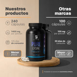 Lisina Pura de 240 cápsulas 14000 mg por porción. Aminoácido esencial. Ingredientes 100% Naturales. Pure Lysine B Life.
