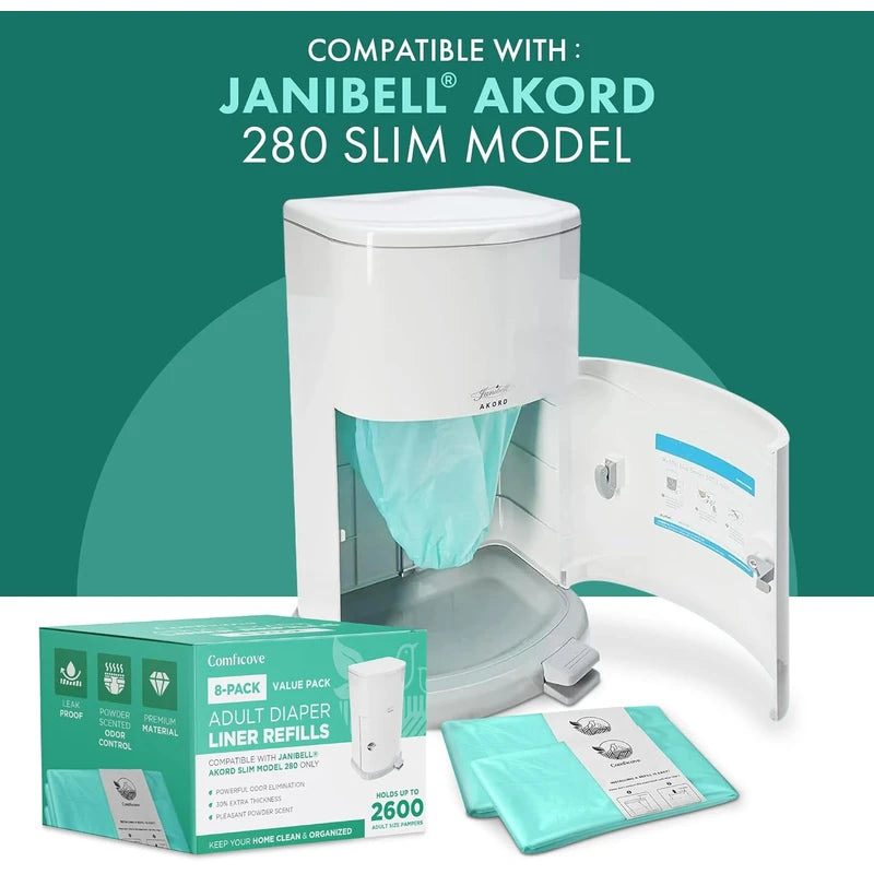 8 Pack Adult Diaper Liner Refills, Compatible with Janibell Akord 280 Slim Model, Adult Diaper System to Eliminate Waste, Odor Resistant by Comficove