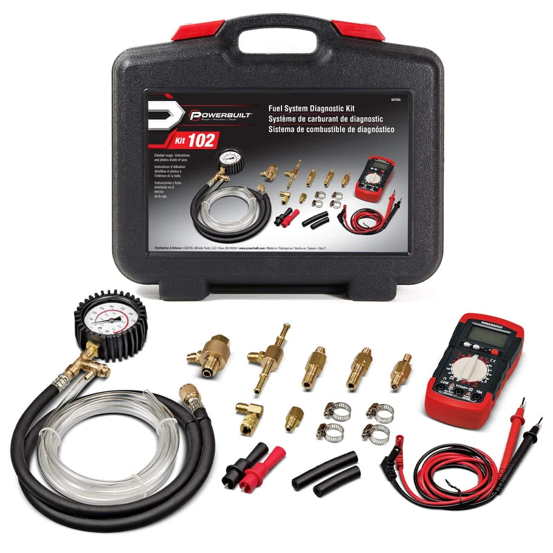 Powerbuilt Fuel System Diagnostic Kit, Pressure Test Gauge, Electrical System Issues, Adapters, Test Leads, Multimeter, Storage Case - 647959