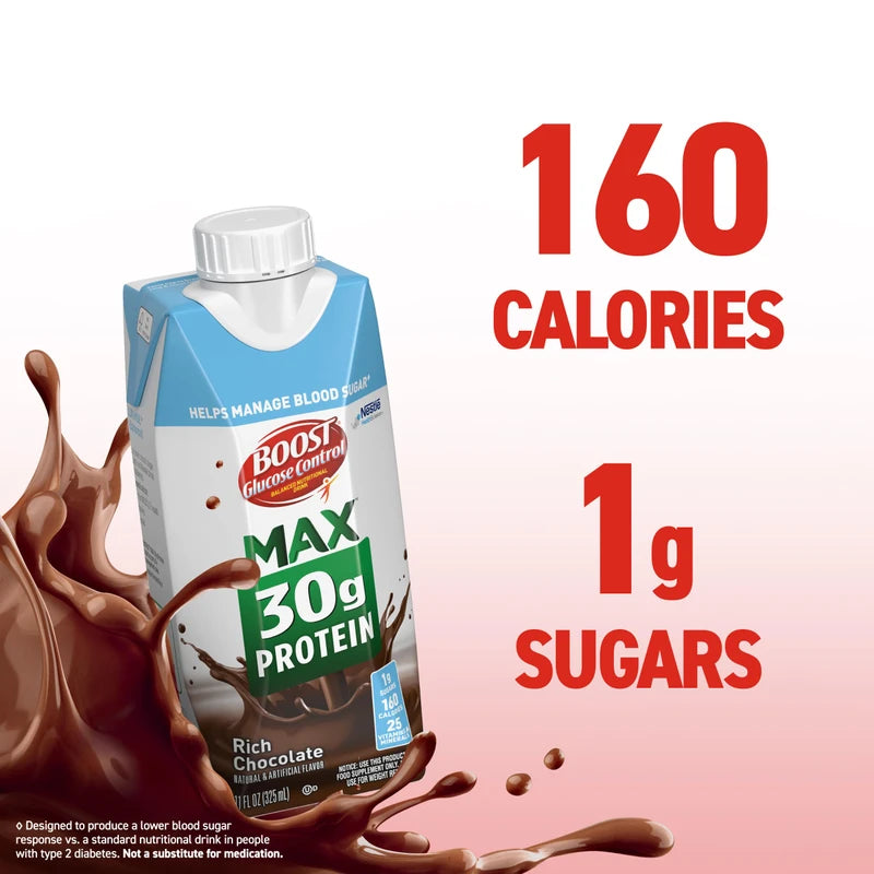 BOOST BOOST Glucose Control Max 30g Protein Nutritional Drink, Rich Chocolate, 11 Fl Oz (Pack of 12), Packaging May Vary