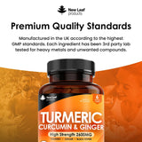 Turmeric Tablets 2600mg High Strength with Black Pepper & Ginger (6 Months Supply) Active 95% Turmeric Curcumin Supplements 365 Tablets Not Capsules, Vegan, UK Made by New Leaf