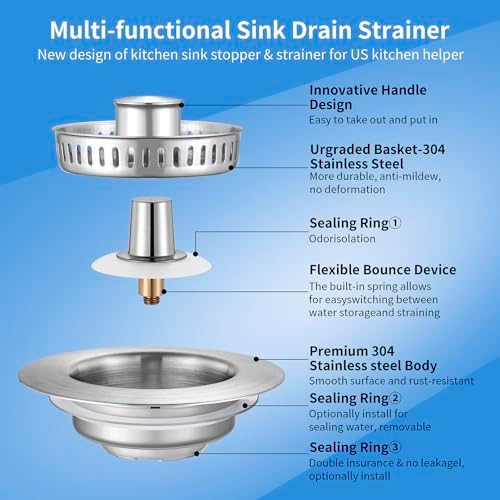 Upgraded 3 in 1 Kitchen Sink Drain Strainer - Stainless Steel Sink Stopper, Anti-Clogging Sink Food Catcher Basket, Fast Drainage Odor Filter Sink Plug for US Standard 3 1/2 inch Drain (Silver-2Pack)