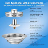 Upgraded 3 in 1 Kitchen Sink Drain Strainer - Stainless Steel Sink Stopper, Anti-Clogging Sink Food Catcher Basket, Fast Drainage Odor Filter Sink Plug for US Standard 3 1/2 inch Drain (Silver-2Pack)