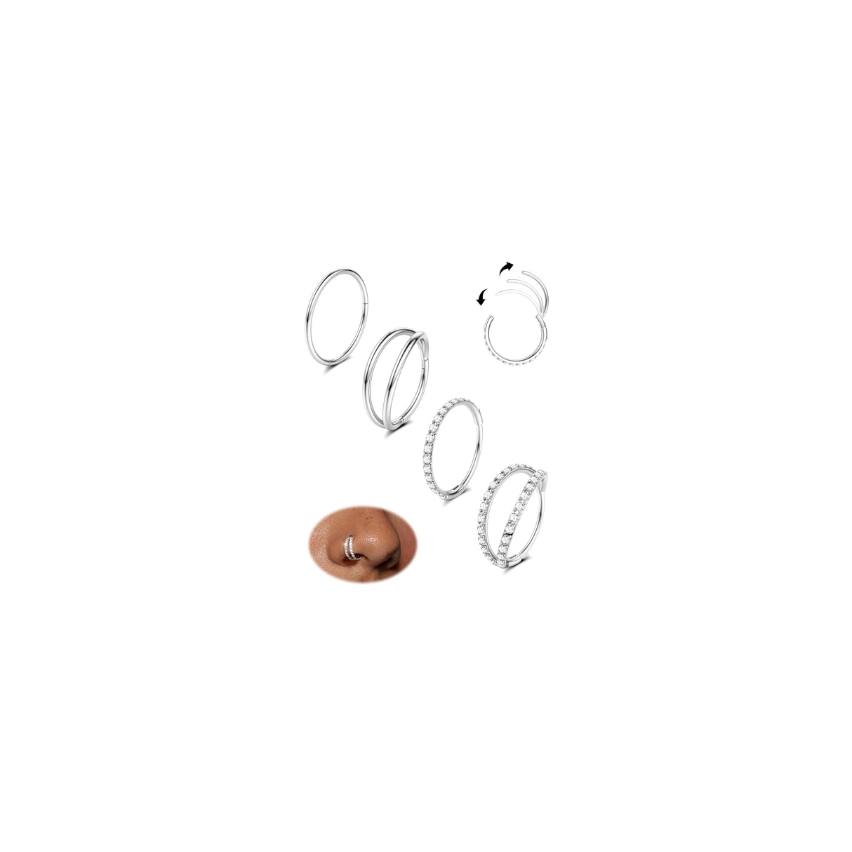 Dochais 4PCS 18G Nose Rings Hoops, Surgical Steel Earrings Tragus Septum Piercing CZ Clicker Ring, Hinged Segment Conch Lip Cartilage Double Hoops 8mm 10mm for Women Men (Silver-20G,10mm)