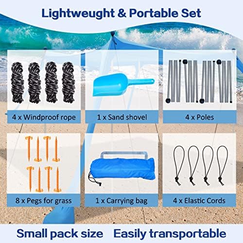 Beach Canopy Beach Tent UPF50+ 11x11 FT Easy to Setup Extra Windproof Rope Sun Shelter Beach Shade Canopy with 4 Stability Poles Outdoor Shade for Beach Camping Family