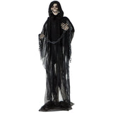 Haunted Hill Farm Life-Size Scary Grim Reaper with Chain, Halloween Animatronic with Touch Activated Lights and Sounds, Battery Operated Indoor or Covered Outdoor Halloween Decorations, Halloween Prop