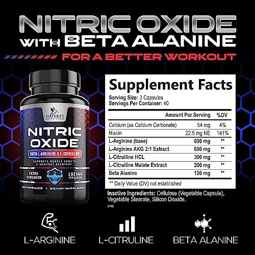 Extra Strength Nitric Oxide Supplement L Arginine 3X Strength - Citrulline Malate, AAKG, Beta Alanine - Premium Muscle Supporting Nitric Oxide Booster for Strength & Energy Supplements - 120 Capsules