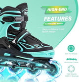 2PM SPORTS Vinal Girls Adjustable Flashing Inline Skates, All Wheels Light Up, Fun Illuminating Skates for Kids Men Adult Women and Boys