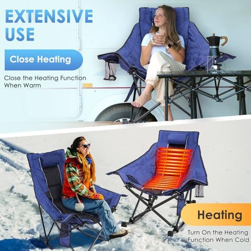 Suteck Heated Rocking Camping Chair, XL Oversized Rocking Chair Outdoor with 3 Heat Levels for Back and Seat, Heated Chairs Outdoor Sports for Patio Lawn Picnic Travel, Power Bank（Not Included）