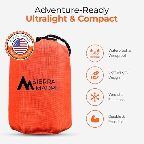 Sierra Madre Emergency Sleeping Bag – Ultralight, Waterproof Mylar Thermal Bivy Sack Tent for Hiking, Bug-Out Bags, Survival Kits – Emergency Survival Space Blanket for Heat Retention 5 Pack
