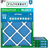 Filterbuy 16x20x1 Air Filter MERV 13 Optimal Defense (4-Pack), Pleated HVAC AC Furnace Air Filters Replacement (Actual Size: 15.50 x 19.50 x 0.75 Inches)