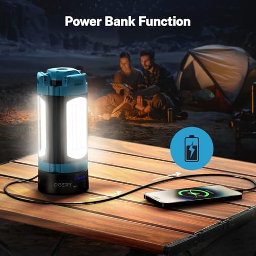 OGERY Rechargeable 10000mAh Camping Light with Stand 6.5 ft Max Height, Cordless Work Light with 3 LED Lamp Heads, 2200 Lumens Camping Essentials Gear Emergency Flashlight with Detachable Tripod