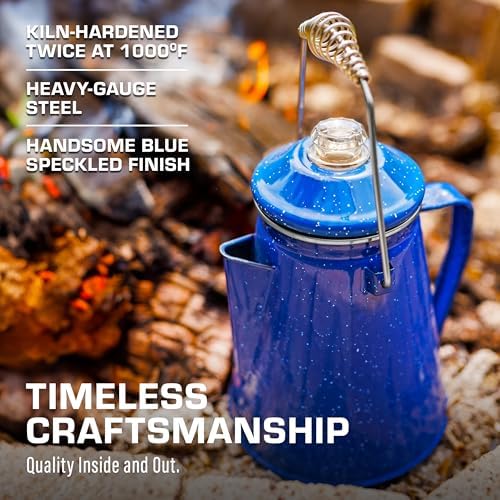 COLETTI Classic Camping Coffee Pot & Mug Set - Percolator Coffee Pot, Enamel Mug Complete Nostalgic Bundle German Imported Enamel Powder [12 oz, Set of 4] (Blue)