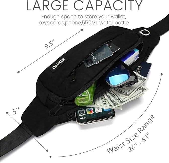 SINNO Large Crossbody Fanny Pack for Women Men Belt Bag With 4-Zipper Pockets for Travel Running Hiking Workout Dog Walking Outdoors Sport Fishing Waist Pack Bag Carrying All Phones
