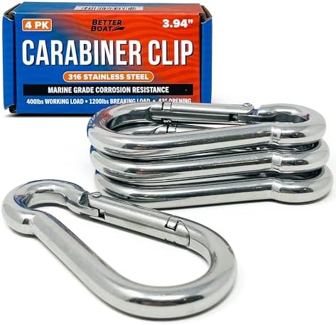 Stainless Steel Carabiner Clip, 4 Pack, 316 Marine Grade, Heavy Duty Spring Snap Hooks, Mini and Large Sizes, 2" to 4" Options