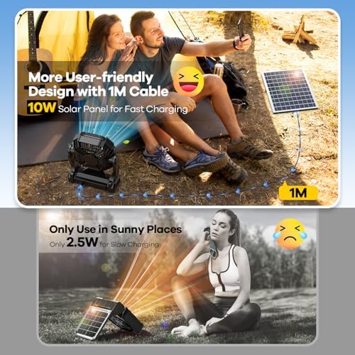 20000mAh Solar Fan with LED Lantern, 10W Solar Panel Rechargeable Battery Powered Camping Fan for Outside, 9 Inch Portable Battery Operated Power Bank for Picnic, Barbecue, Fishing, Travel
