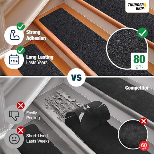 Outdoor Stair Treads Non Slip 24" x 4" - 8-Pack Weather Resistant Exterior Grip Tape for Wooden Steps - Non Slip Stair Treads - Anti Skid Strips - Waterproof 80-Grit Adhesive Treads by Thunder Grip
