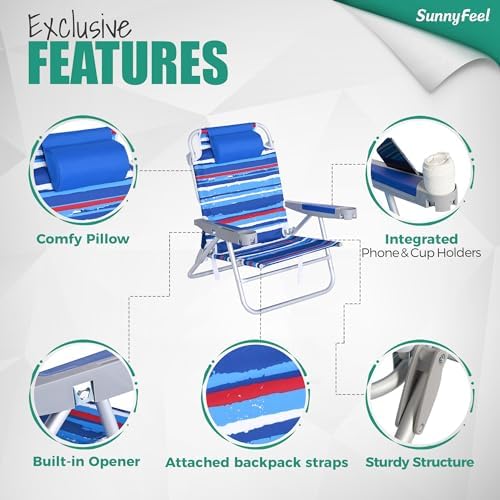 SUNNYFEEL Extra Wide Low Beach Chair 2 Pack 5 Position Lay Flat 500 LBS Heavy Duty, XL Oversized Folding Camping Chairs with Cup Holder for Outdoor/Sand, Portable Backpack Beach Chair for Adults