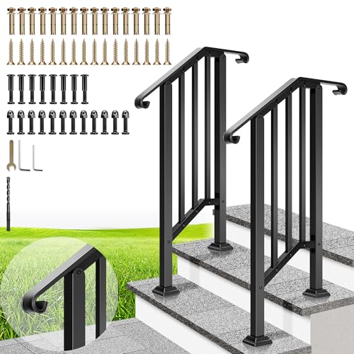 VIVOHOME 2-Pack Wrought Iron Hand Rails for Outdoor Steps – 13.5" Curved Ends and Safety Balusters Exterior Railing Kit for Porch, Deck, or Indoor Stairs (2-Step, Black)