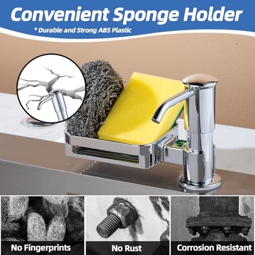 Soap Dispenser for Kitchen Sink with Sponge Holder, Built in Soap Dispenser Pump, Under Counter ABS Pump Head with 38" Extension Tube Kit, Good Suction Power, Chrome