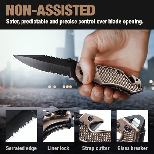 Legal Pocket Knife Coyote Tan - 2.95” Sharp Serrated Edge Blade - Multi Tool with Seatbelt Cutter, Glass Breaker & Clip - Cool Folding Knives for EDC Camping Fishing - Birthday Gifts for Men 6680 T