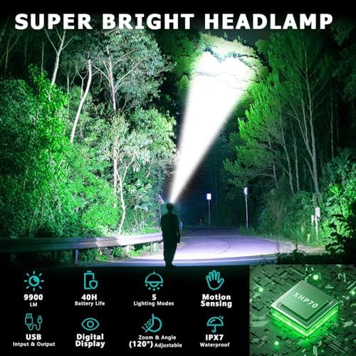 LED Headlamp Rechargeable, 2000 Lumens Super Bright Head Lamp with Motion Sensor, 5 Modes & 120°Adjustable & IPX7 Waterproof USB Rechargeable Headlight for Outdoor Camping, Running, Cycling, Climbing
