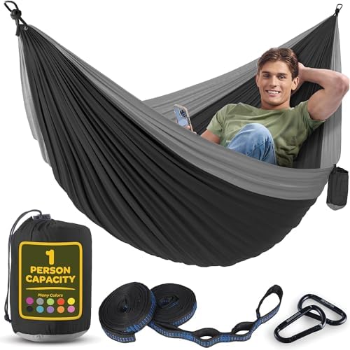 Durable Hammock 400 lb Capacity, Nylon Camping Hammock Chair - Double or Single Sizes w/Tree Straps and Attached Carry Bag - for Travel/Backpacking/Beach/Backyard (Medium, Black & Light Grey)