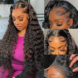 13x6 Deep Wave Lace Front Wigs Human Hair Curly Hd Transparent Lace Frontal Wig for Women Wet and Wavy Glueless Wigs Pre Plucked with Baby Hair Brazilian Hair 180% Density Natural Black 22 Inch