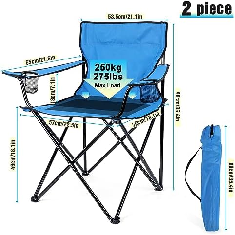 HaSteeL Foldable Camping Chair Set of 2, Folding Camp Chairs & Carrying Bags for Adults, Portable for Lawn, Outdoors, Fishing, Hiking, Travel, Picnic, Beach, Oversized & Supports 275lbs (Blue)