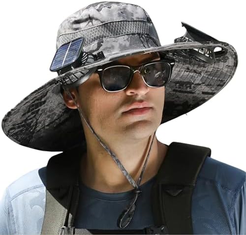 Outdoor Wide Brim Sun Hat with 2 Solar Fan Sun Bucket Hat for Men Women UPF 50+ Bucket Fishing & Beach Hat with Fan Built in
