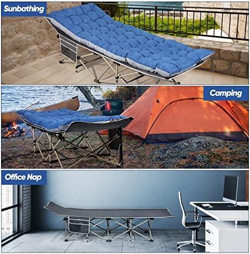 HAITRAL Portable Camping Cot with Mattress - Outdoor Folding Heavy Duty Sleeping Bed with Side Pocket for Adults - Oxford Single Lounge Chaise for Camping Tent Beach Office Max Load 300 LBS (Grey)