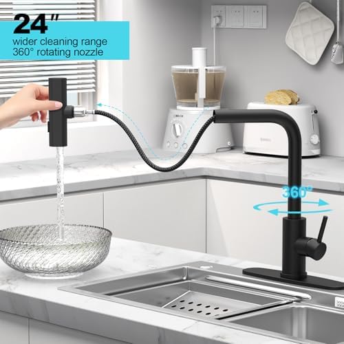 Matte Black Single Hole Kitchen Faucets with Pull Down Sprayer, Single Handle, High Flow Water, Pull Out Tap, Stainless Steel Sink Faucet, Suitable for Farmhouse Camper Laundry Rv Bar