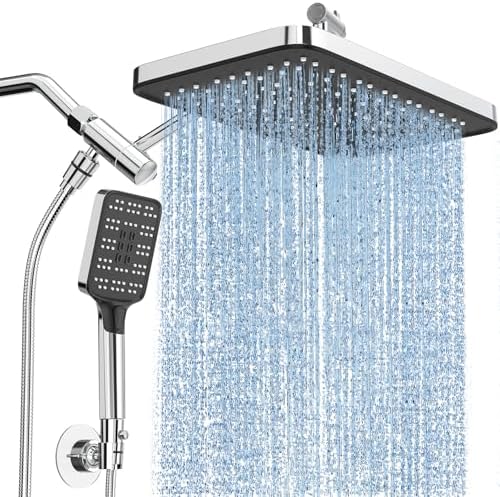 High Pressure Rain Shower Head with Handheld Spray Combo Set, Adjustable 12" Rainfall Dual Shower Head, Double&Tandem Shower Head, Waterfall Showerhead Bathroom -Silver Chrome