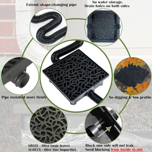 Gutter Downspout Extensions Big Kit, Catch Basin + 2pcs Pipes, Low Profile Downspout Extender - Each Flexible Pipe is 8.2ft - can be Connected into a Whole. Protect Foundation.(Black)