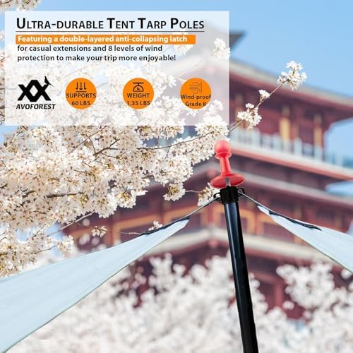 Tarp Poles Heavy Duty Adjustable, AVOFOREST Aviation Aluminum 8.7FT Tent Poles Lengthen and Thicken with Protection Cap Awning Poles Set of 4 for Hiking